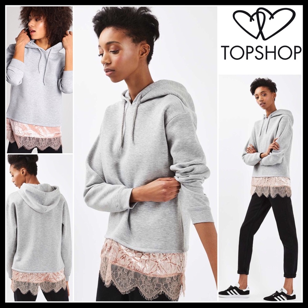 TOPSHOP PULLOVER HOODIE VELVET LACE TRIM TUNIC - Picture 1 of 8